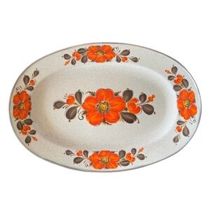 Vintage Sanko Ware Japan Orange Floral Enamel Serving Tray 17.5” Oval